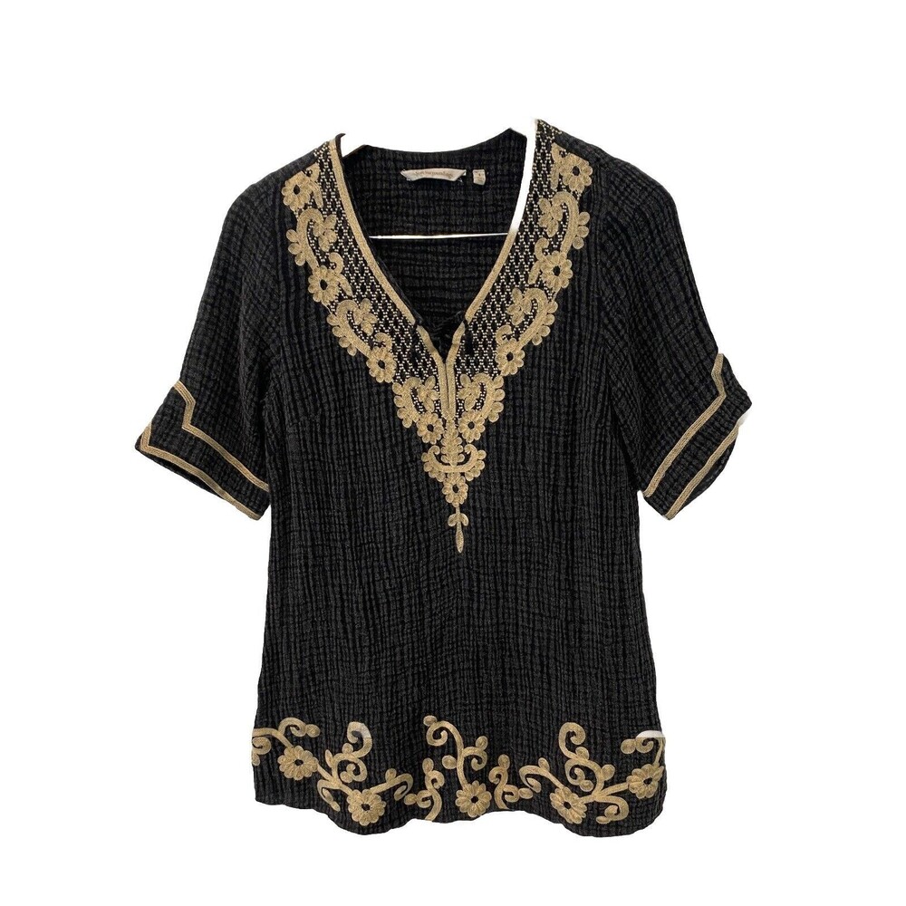 Soft Surroundings Sahara Tunic Gray Black Tan Embroidered Lace Up Gauze Top S‎